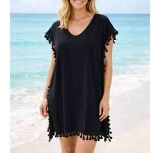 Yincra Black Chiffon Tassel Beach Swimsuit Coverup Lightweight Size Small Medium